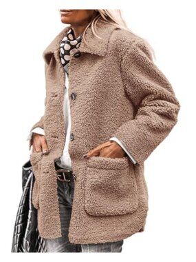 Faux Fur Sherpa Fleece Winter Coat Button Down Lapel Collar Warm Jacket
